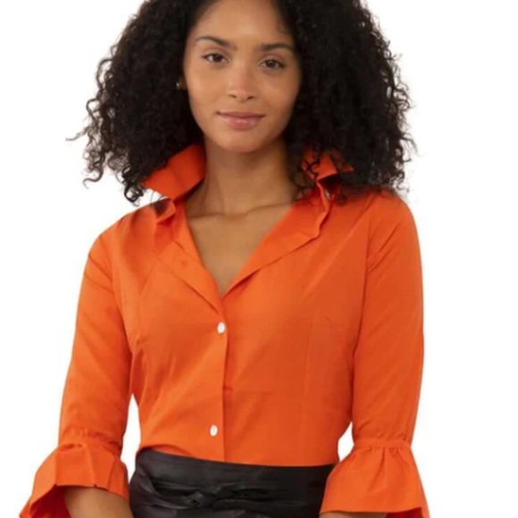 Gretchen Scott NWT Med. orange Blouse 3/4 Sleeves Semi Fitted Ruffled Cu… - Picture 10 of 10